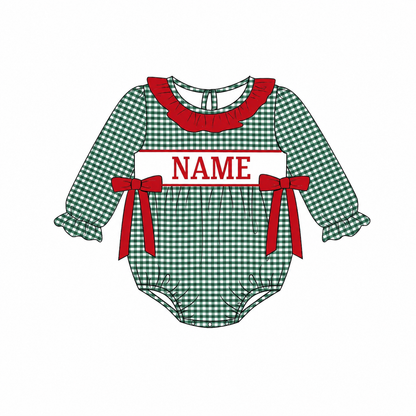 Personalized Christmas Green Gingham Smocked Outfits – Custom Name Embroidery Girls Dress, Baby Romper & Boys Pants Set