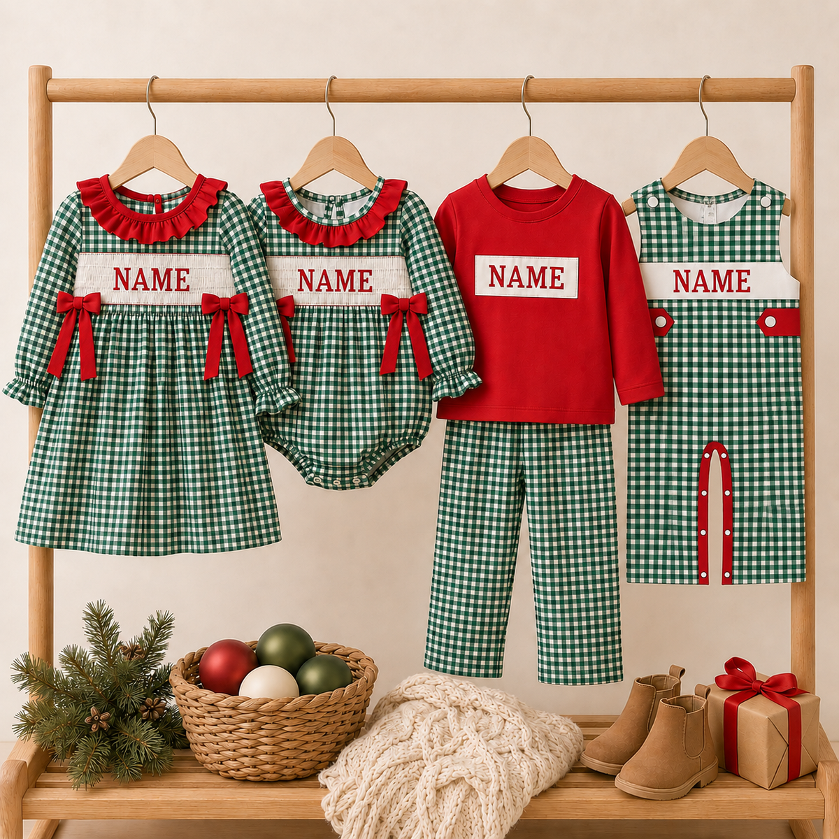 Personalized Christmas Green Gingham Smocked Outfits – Custom Name Embroidery Girls Dress, Baby Romper & Boys Pants Set