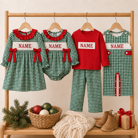Personalized Christmas Green Gingham Smocked Outfits – Custom Name Embroidery Girls Dress, Baby Romper & Boys Pants Set