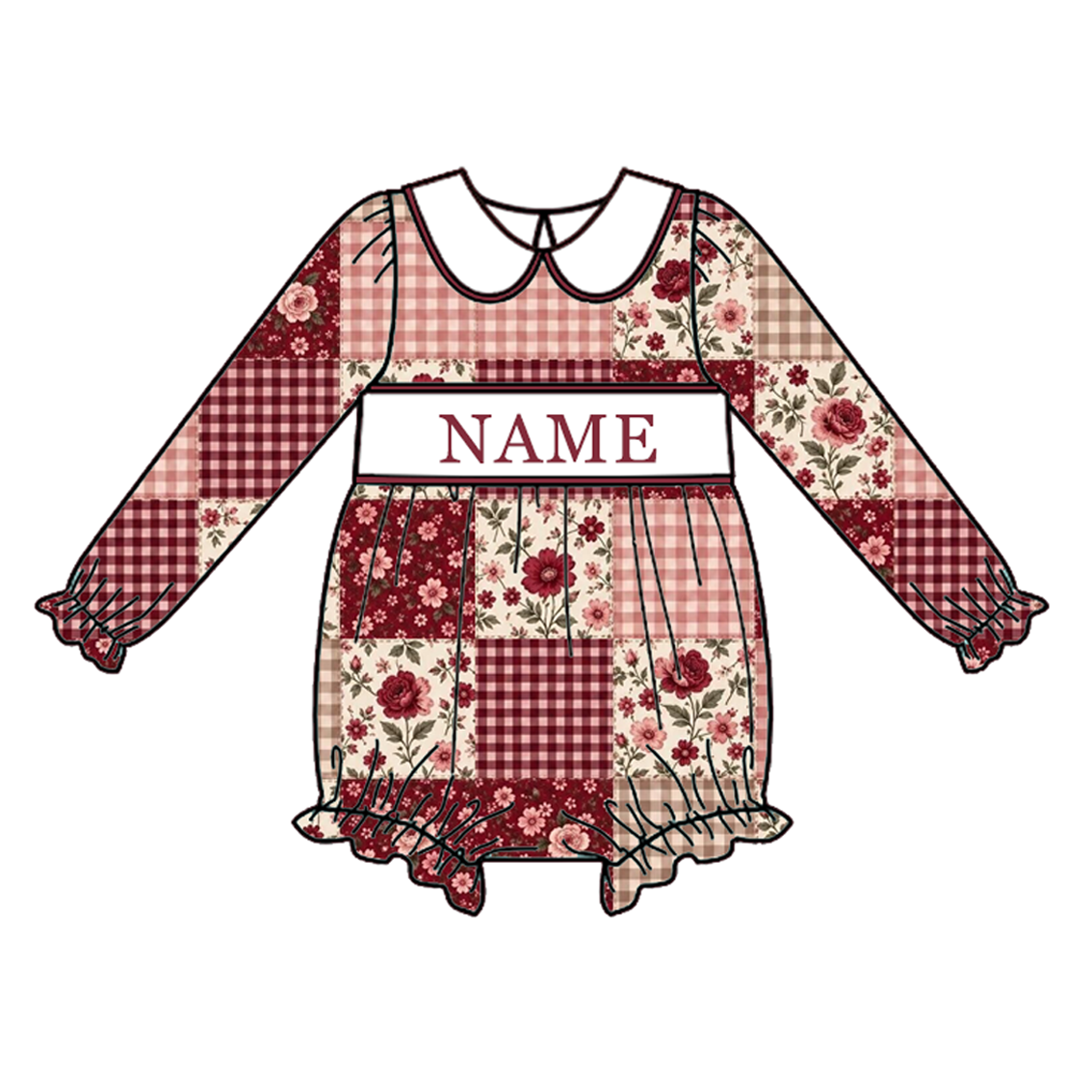 Personalized Girls Fall Winter Smocked Outfits – Custom Name Embroidery Floral Patchwork Dress, Bell Bottom Pants Set & Baby Romper