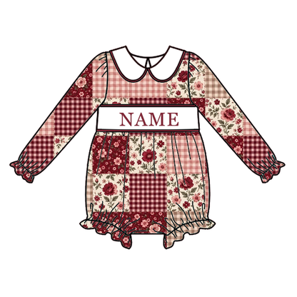 Personalized Girls Fall Winter Smocked Outfits – Custom Name Embroidery Floral Patchwork Dress, Bell Bottom Pants Set & Baby Romper
