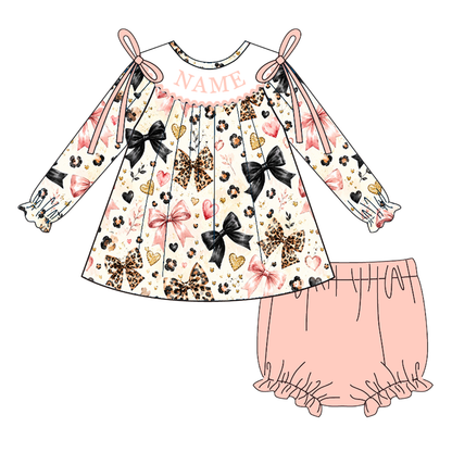 Personalized Girls Valentine's Day Bow & Leopard Print Smocked Outfits – Custom Name Embroidery Dress, Ruffle Pants Set & Baby Bloomer Set