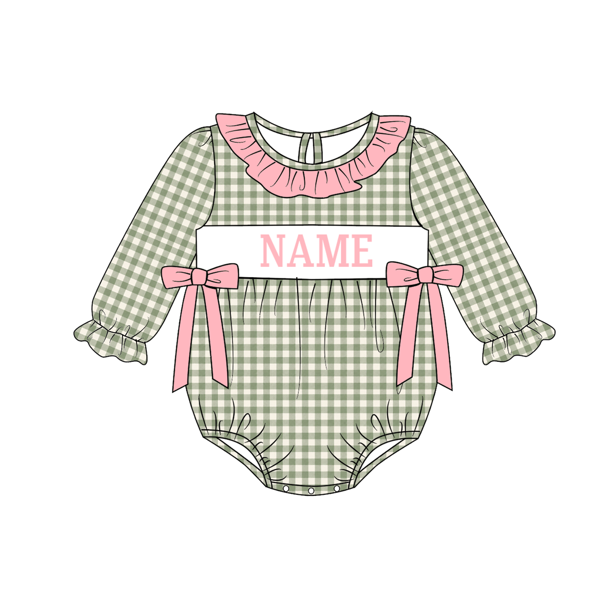 Personalized Sage Green Gingham Smocked Outfits – Custom Name Embroidery Girls Dress, Baby Rompers & Boys 2-Piece Set