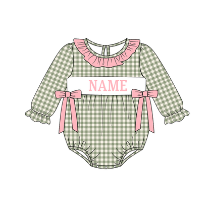 Personalized Sage Green Gingham Smocked Outfits – Custom Name Embroidery Girls Dress, Baby Rompers & Boys 2-Piece Set