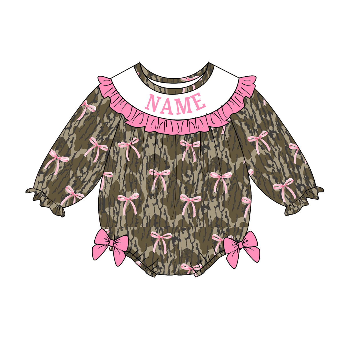 Personalized Camo & Pink Bow Kids Outfits – Custom Name Embroidery Girls Dress, Romper, Ruffle Pants Set & Boys Overall Romper
