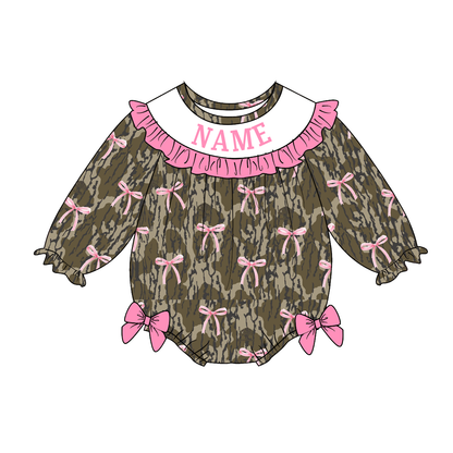 Personalized Camo & Pink Bow Kids Outfits – Custom Name Embroidery Girls Dress, Romper, Ruffle Pants Set & Boys Overall Romper
