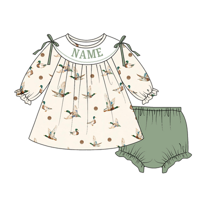 Personalized Girls Mallard Duck Print Outfits – Custom Name Embroidery Dress, Ruffle Bell Bottom Pants Set & Baby Bloomer Set