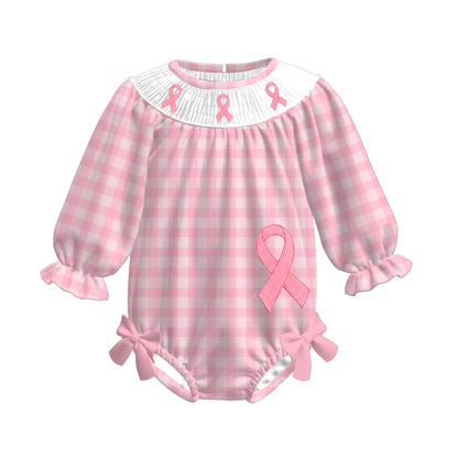 Girls Pink Smocked Embroidered Breast Cancer Awareness Collection | Long Sleeve Dress, Ruffle Pant Set & Bubble Romper