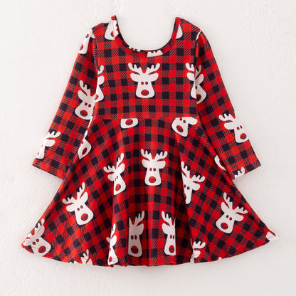 Girls Christmas Reindeer Red Black Plaid Long Sleeves Dress