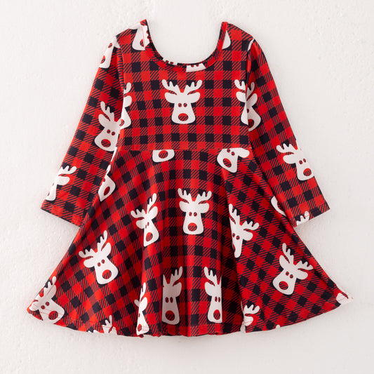 Girls Christmas Reindeer Red Black Plaid Long Sleeves Dress