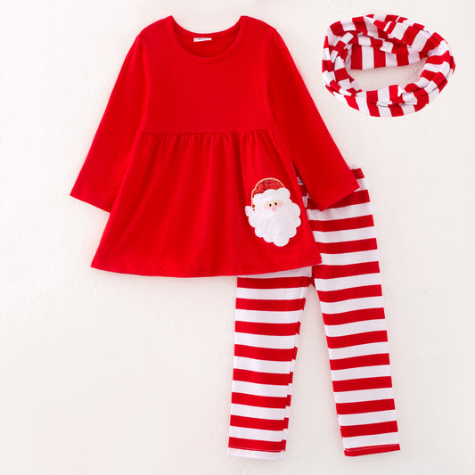 Girls Christmas 3-Pieces Santa Embroidery Red White Scarf Pant Set