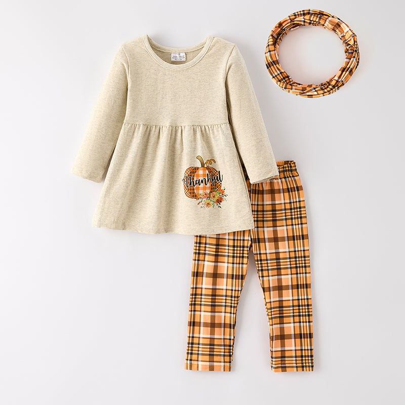 Girls Thanksgiving 3 Pieces Orange Plaid Scarf Set