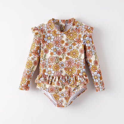 One Piece Girls Summer Flower Long Sleeves Swimsuit