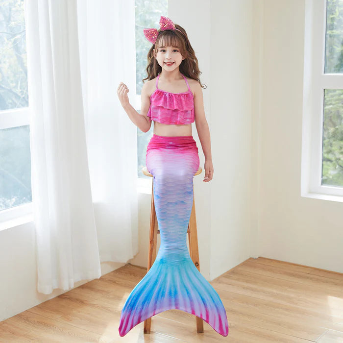 Girls Mermaid Tail Swimsuit Set – Gradient Scale Bikini Top & Mermaid Skirt for Kids, Beach & Pool Costume