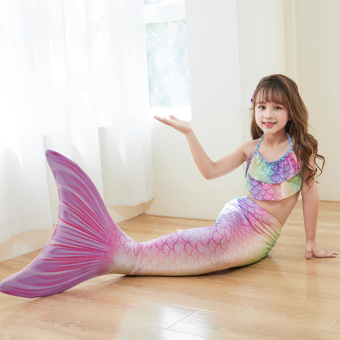 Girls Mermaid Tail Swimsuit Set – Gradient Scale Bikini Top & Mermaid Skirt for Kids, Beach & Pool Costume