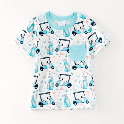 Boys Summer Golf Print Pocket Short Sleeves T-Shirt