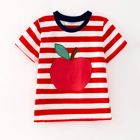 Boys Back To School Red Stripes Apple Applique T-Shirt