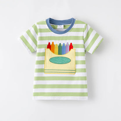 Boys Back To School Light Green Stripes Pencil Applique T-Shirt