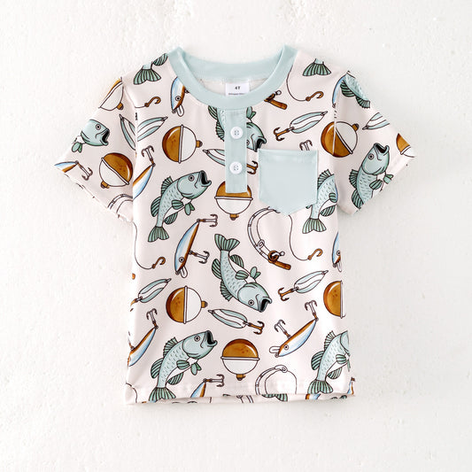 Boys Summer Fish Print Pocket Button T-Shirt
