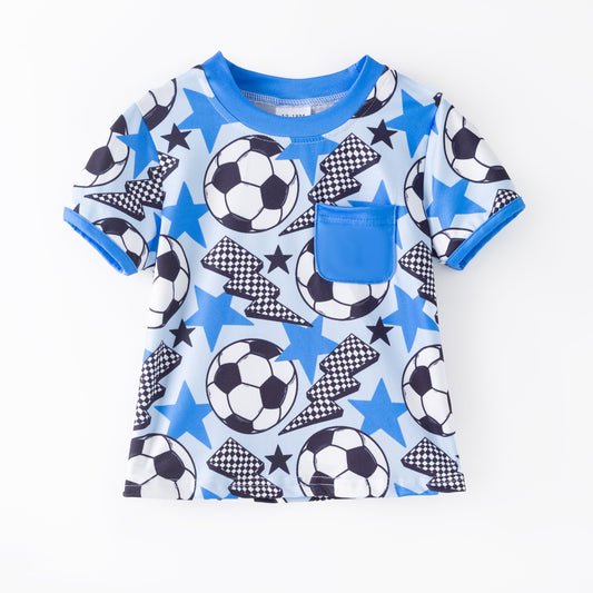 Boys Summer Football Print Blue Short Sleeves Pocket Top
