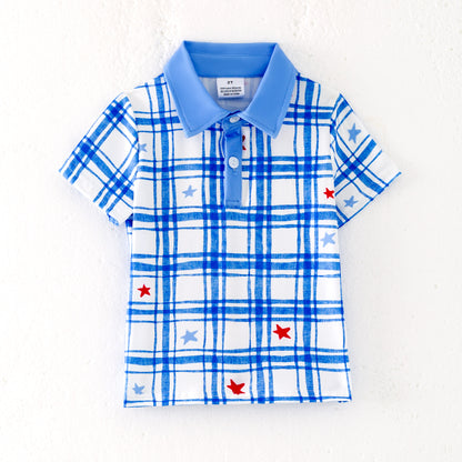 Boys Summer July 4th Patriotic Blue Plaid Polo Shirt