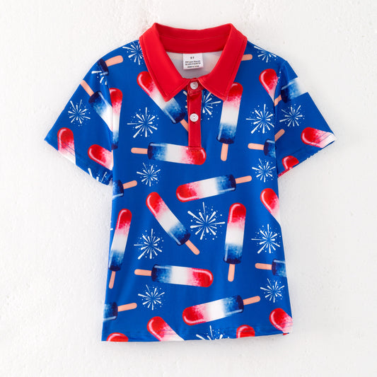 Boys Summer July 4th Blue Red Popsicle Short Sleeves Polo Shirt