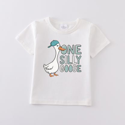 Multi-Colors Boys Summer Goose Print White Cotton T-shirt