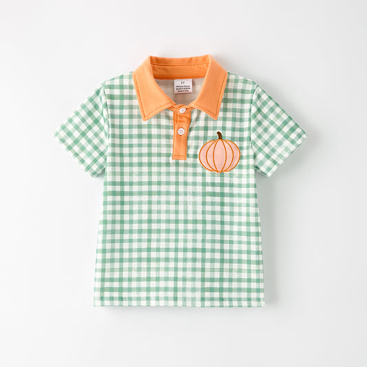 Boys Halloween Green Plaid Yellow Pumpkin Applique Shirt