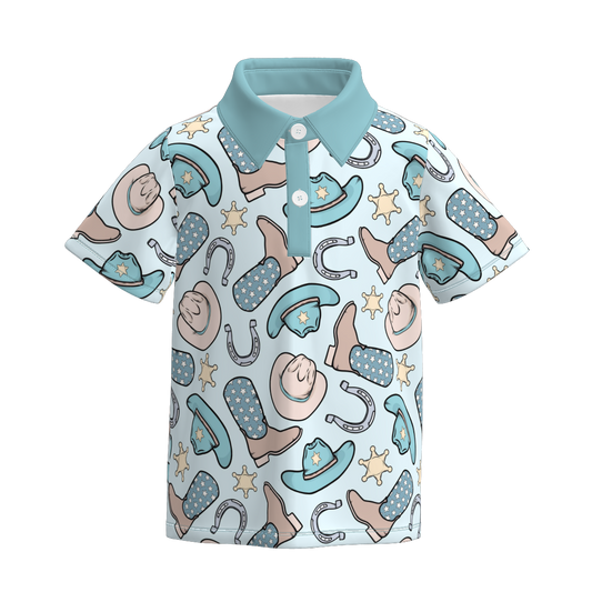 Boys Summer Blue Boots Hat Print Short Sleeves Polo Shirt