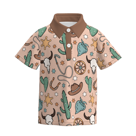 Boys Summer Brown Star Cactus Print Short Sleeves Polo Shirt