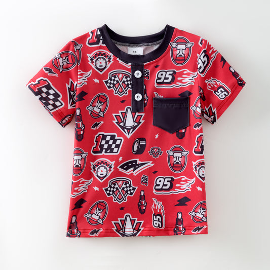Boys Fall Red Black Pocket Short Sleeves Polo Shirt