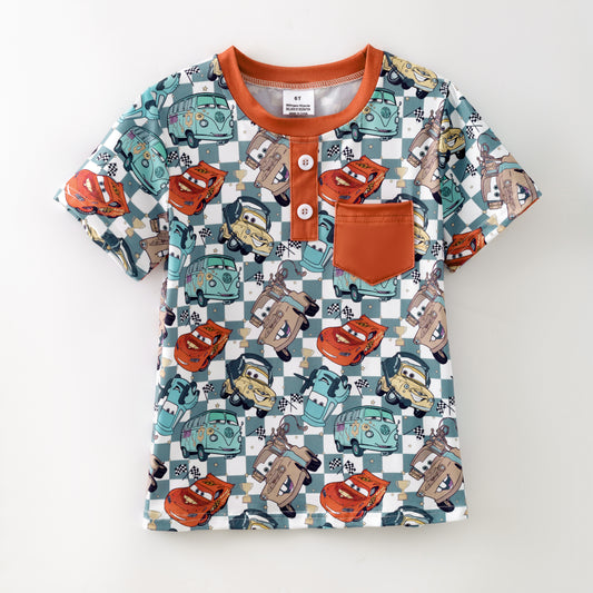Boys Fall Autumn Orange Car Plaid Print Pocket T-Shirt