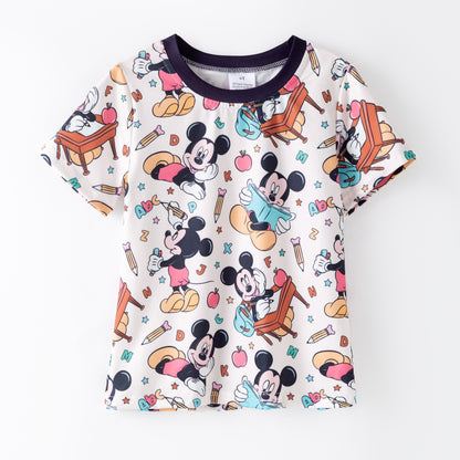 Boys Summer School Apple Cartoon Mouse Print Short Sleeves Top