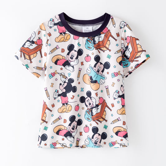 Boys Summer School Apple Cartoon Mouse Print Short Sleeves Top