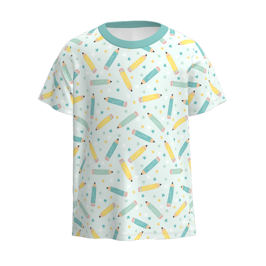 Boys Back To School Blue Yellow Pencil Print T-Shirt