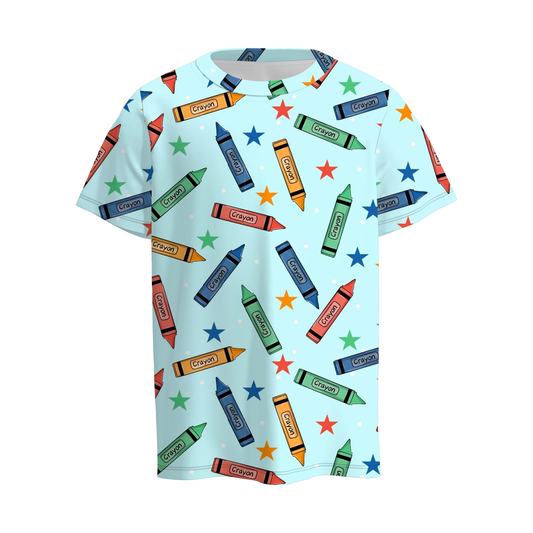 Boys Back To School Blue Pencil Crayon Print T-Shirt