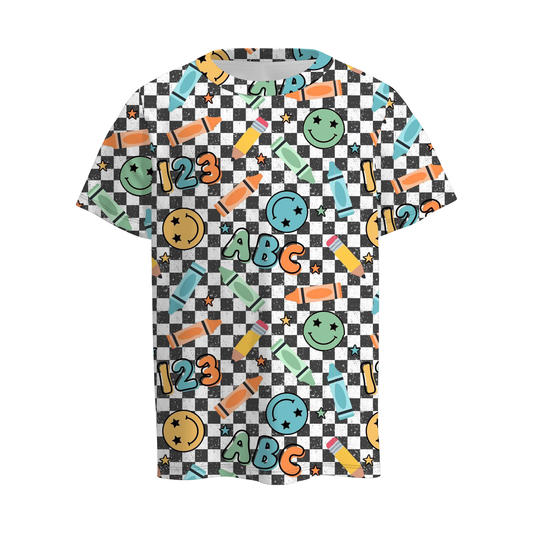 Boys Back To School ABC Crayon Face Plaid Print T-Shirt