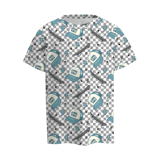Boys Back To School Skateboard Cap Plaid Print T-Shirt