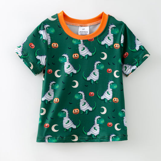 Boys Halloween Pumpkin Dinosour Print Blue Short Sleeves Top