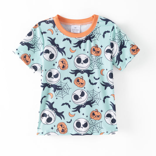 Boys Halloween Pumpkin Skull Print Blue Short Sleeves Top