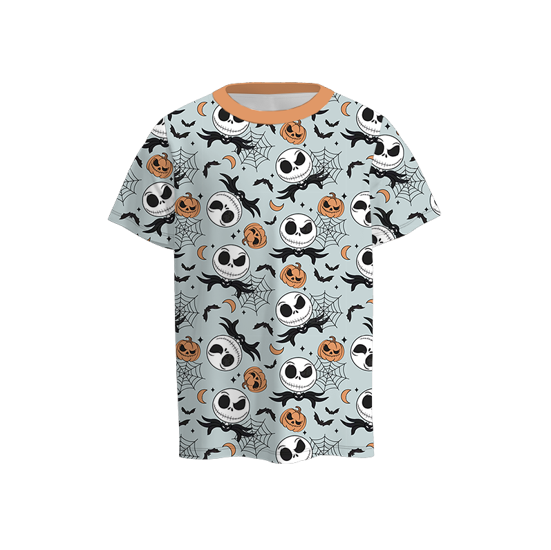 Boys Halloween Pumpkin Ghost Bat Print Blue Short Sleeves Top