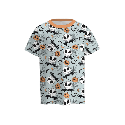 Boys Halloween Pumpkin Ghost Bat Print Blue Short Sleeves Top
