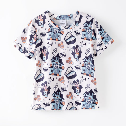 Boys Halloween Pumpkin Mouse Print Blue Short Sleeves Top