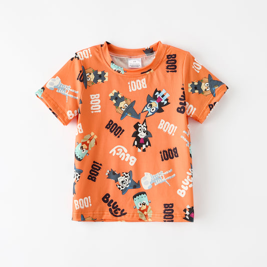 Boys Fall Halloween Orange BOO Cartoon Print Short Sleeves Top