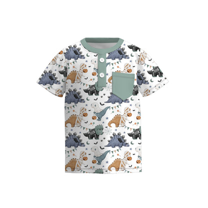Boys Halloween Fall Pumpkin Ghost Dinosour Pocket Polo Shirt