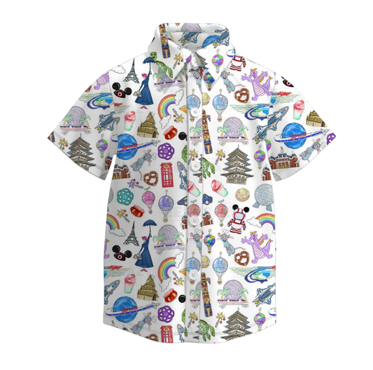 Boys Summer Fall Cute Cartoon Print Button Up Shirt
