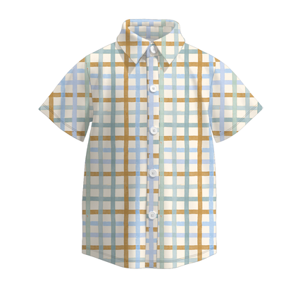 Boys Fall Autumn Farm Plaid Short Sleeves Shirt