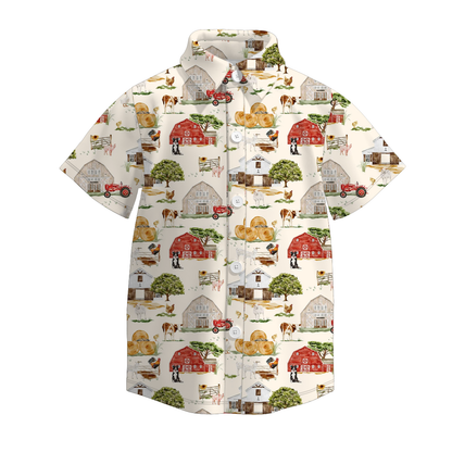 Boys Fall Autumn Farm Plaid Short Sleeves Shirt