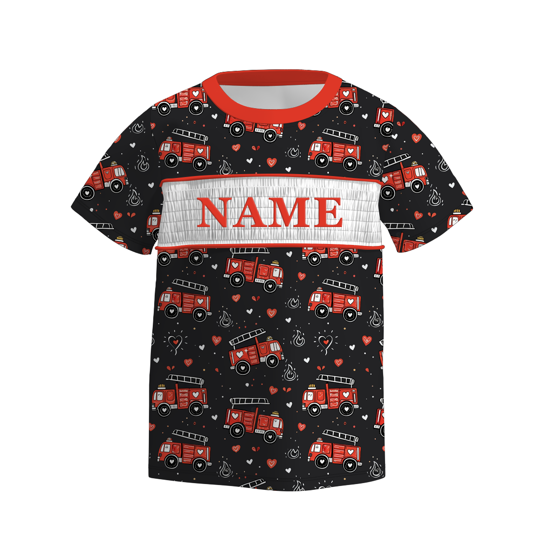 Boys V-days Fire Engine Custom Name Smock Embroidery Top & Romper