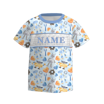 Boys Spring Summer Plaid Custom Name Smock Embroidery Top & Romper